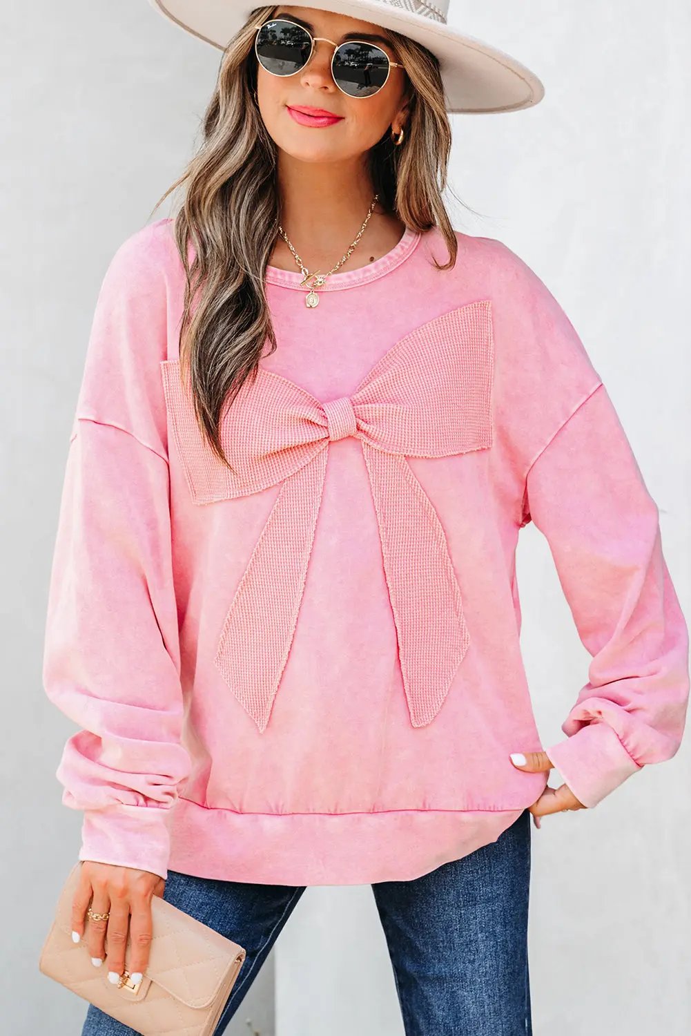Premium Bright Pink Mineral Wash Big Bow Patchwork Pullover Sweatshirt Dear-Lover Dropshipping